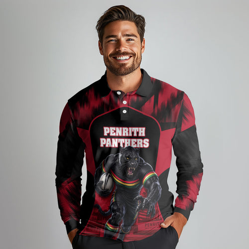 Personalised Penrith Panthers Mascot Rugby Long Sleeve Polo Shirt Penrith New South Wales Athletic Graphic Print