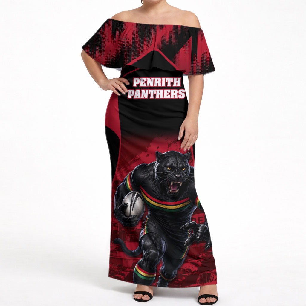 Personalised Penrith Panthers Mascot Rugby Off Shoulder Maxi Dress Penrith New South Wales Athletic Graphic Print