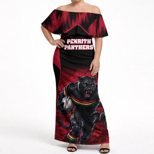 Personalised Penrith Panthers Mascot Rugby Off Shoulder Maxi Dress Penrith New South Wales Athletic Graphic Print