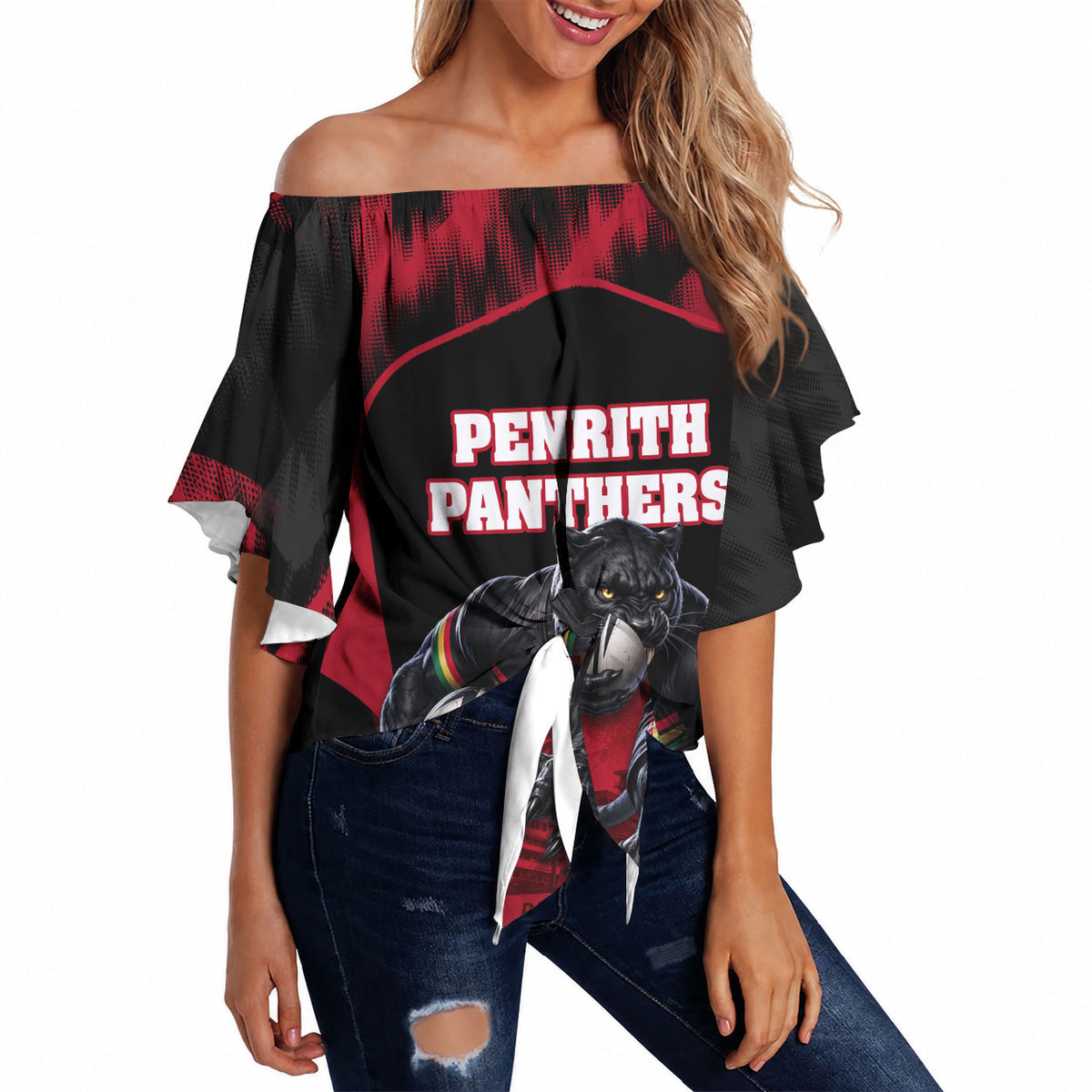 Personalised Penrith Panthers Mascot Rugby Off Shoulder Wrap Waist Top Penrith New South Wales Athletic Graphic Print