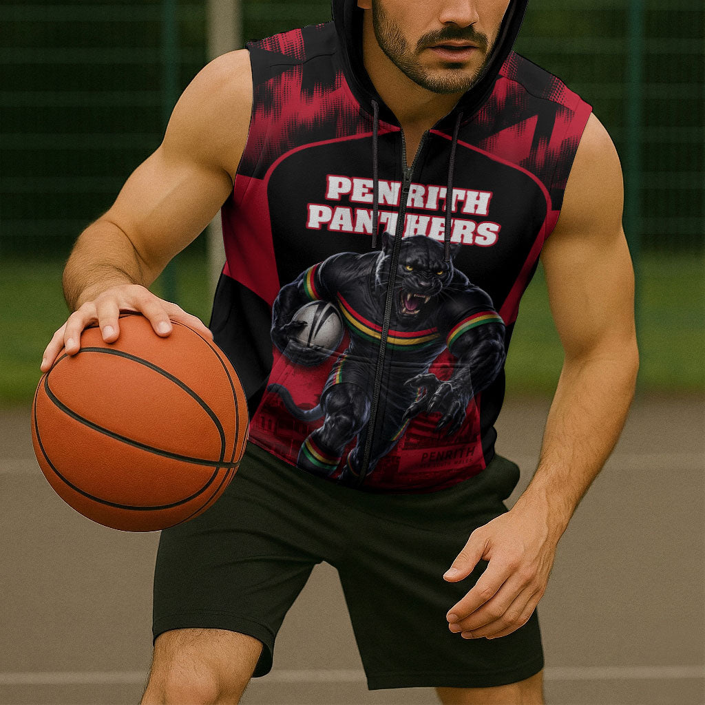 Personalised Penrith Panthers Mascot Rugby Sleeveless Zip Hoodie Penrith New South Wales Athletic Graphic Print