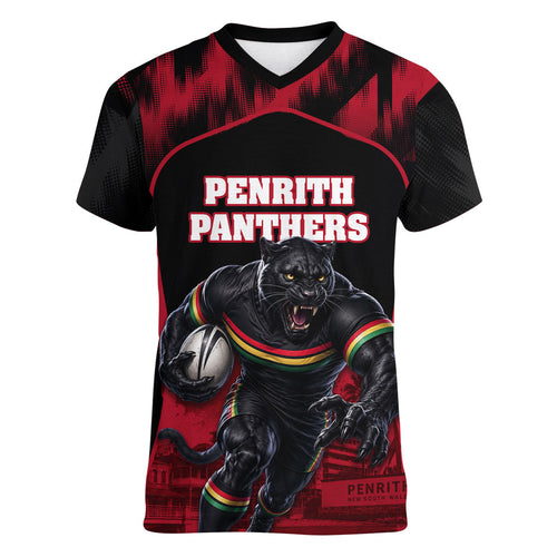 Personalised Penrith Panthers Mascot Rugby Women V-Neck T-Shirt Penrith New South Wales Athletic Graphic Print