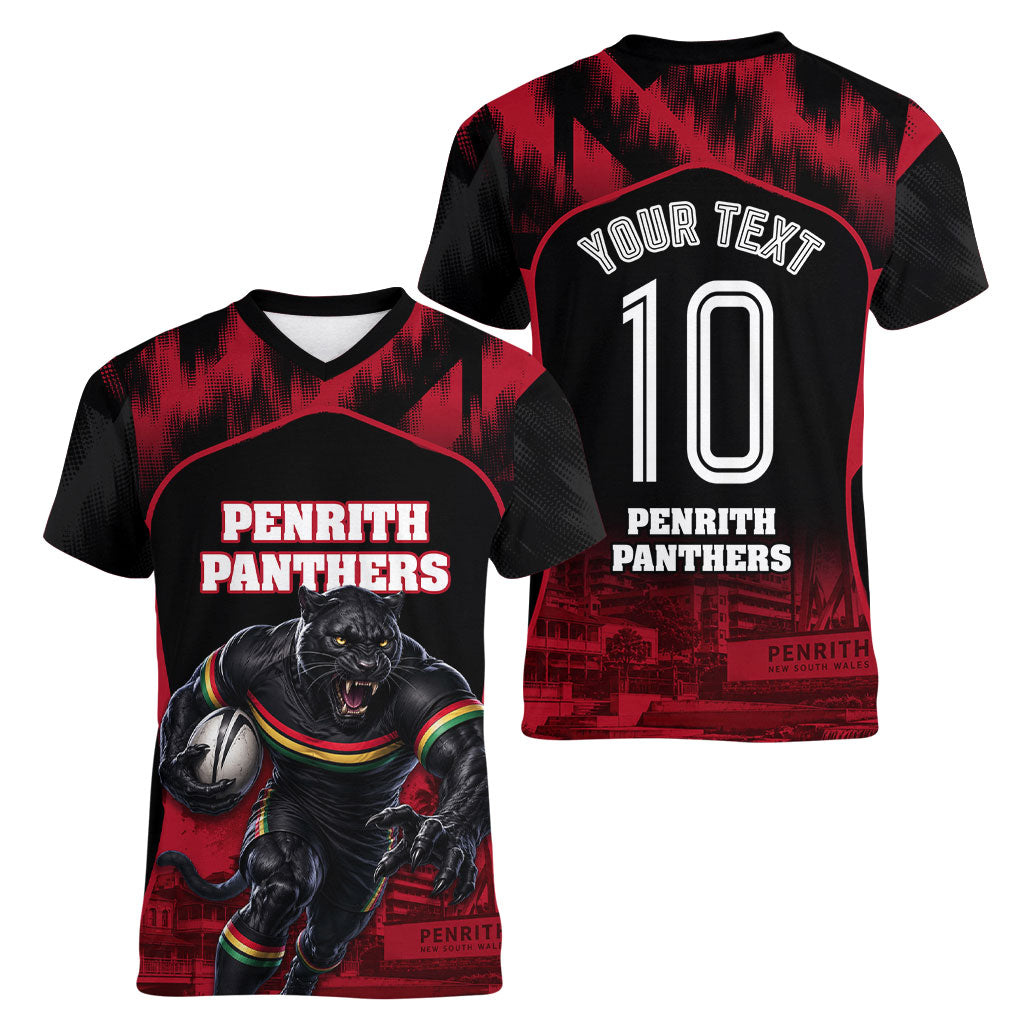 Personalised Penrith Panthers Mascot Rugby Women V-Neck T-Shirt Penrith New South Wales Athletic Graphic Print