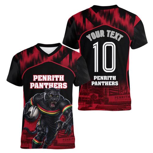 Personalised Penrith Panthers Mascot Rugby Women V-Neck T-Shirt Penrith New South Wales Athletic Graphic Print