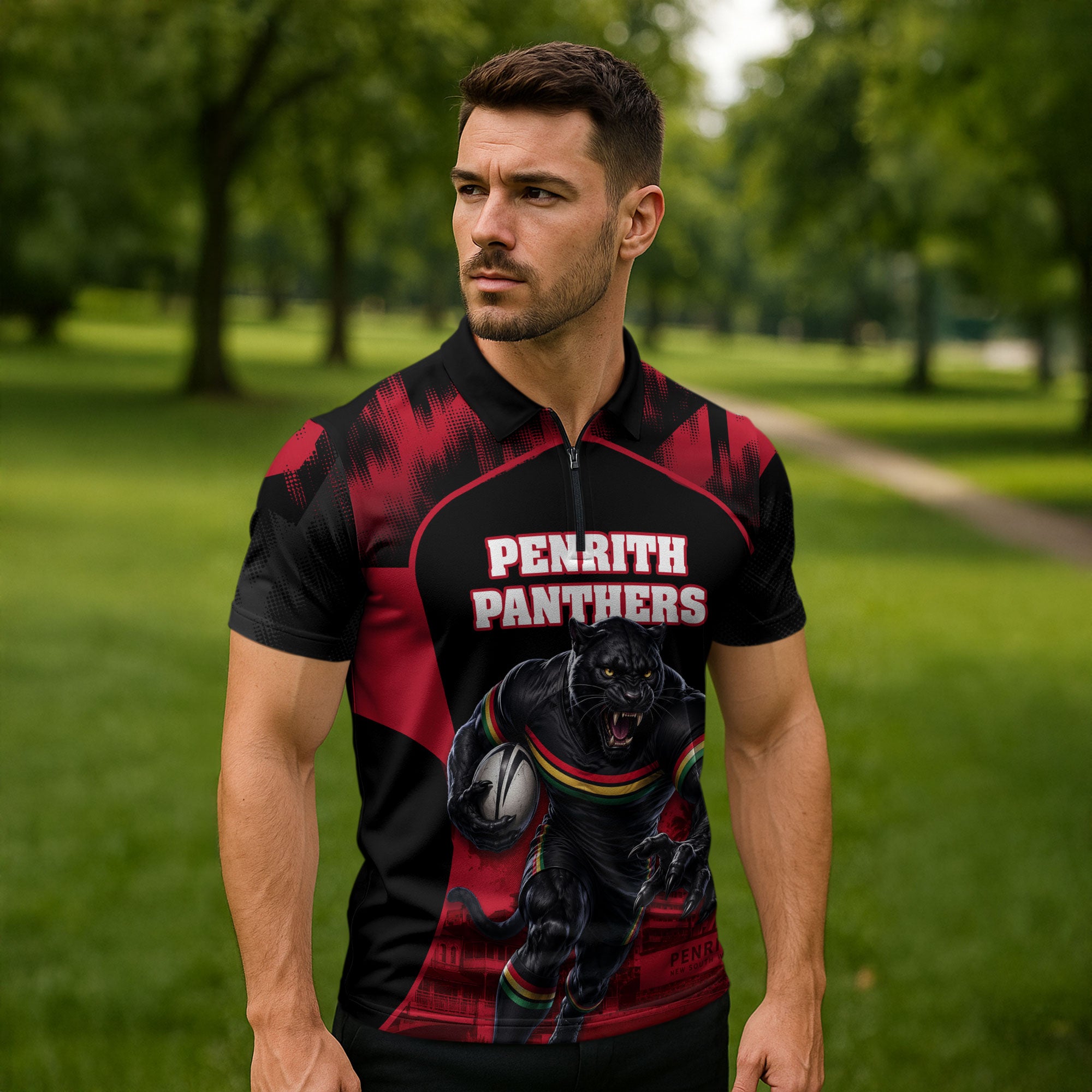 Personalised Penrith Panthers Mascot Rugby Zipper Polo Shirt Penrith New South Wales Athletic Graphic Print