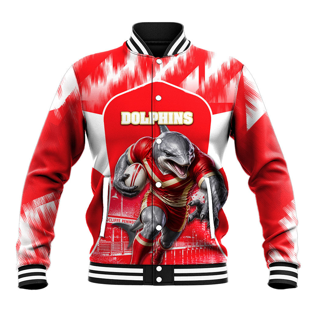 Personalised Dolphins Mascot Rugby Baseball Jacket Redcliffe Peninsula Athletic Graphic Print