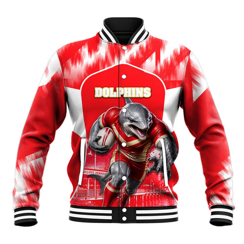 Personalised Dolphins Mascot Rugby Baseball Jacket Redcliffe Peninsula Athletic Graphic Print