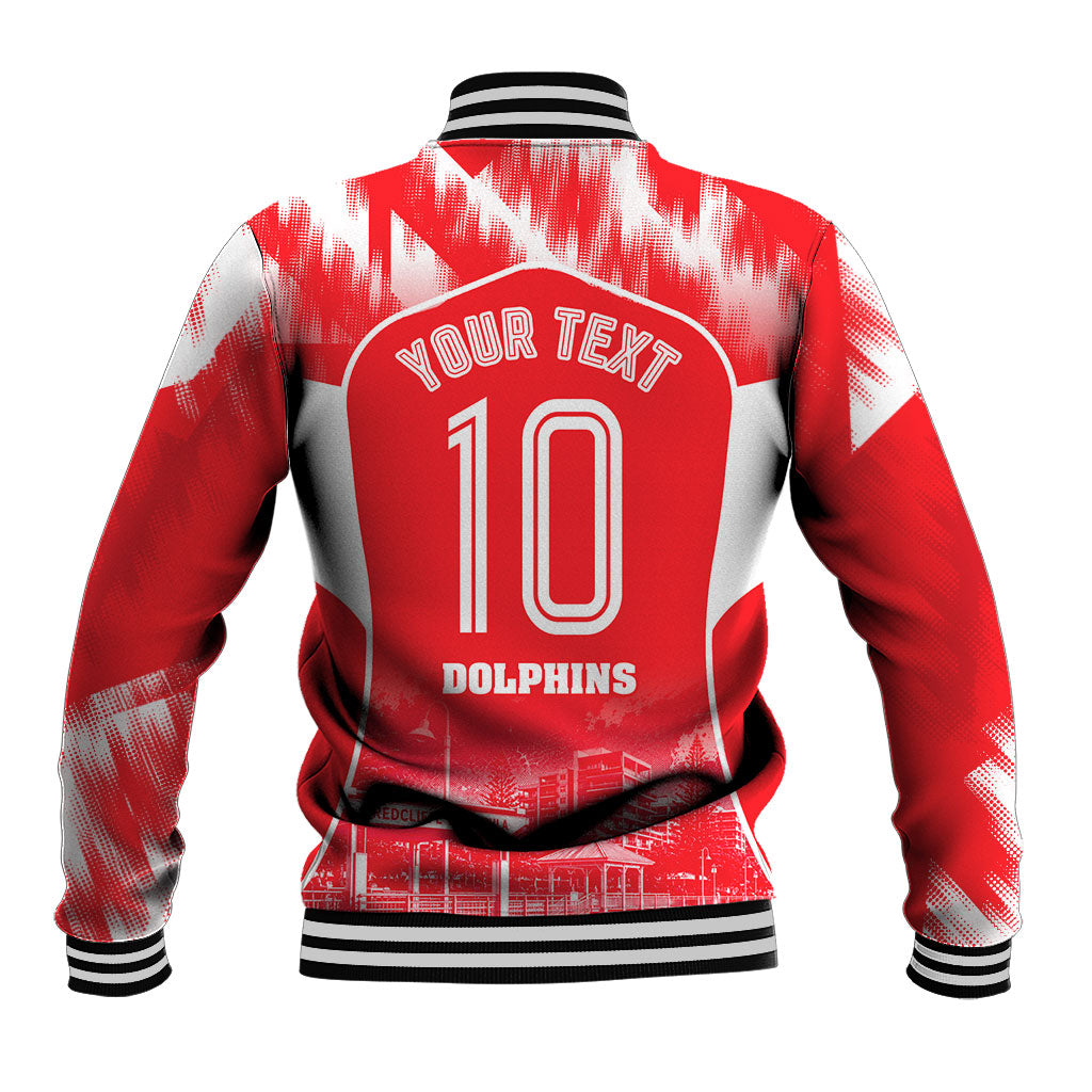 Personalised Dolphins Mascot Rugby Baseball Jacket Redcliffe Peninsula Athletic Graphic Print