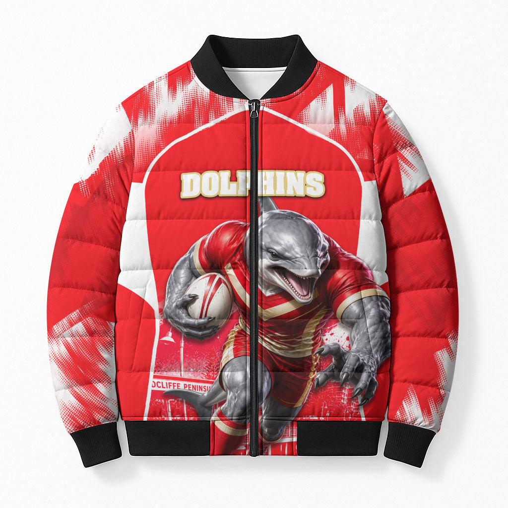 Personalised Dolphins Mascot Rugby Bomber Puffer Jacket Redcliffe Peninsula Athletic Graphic Print