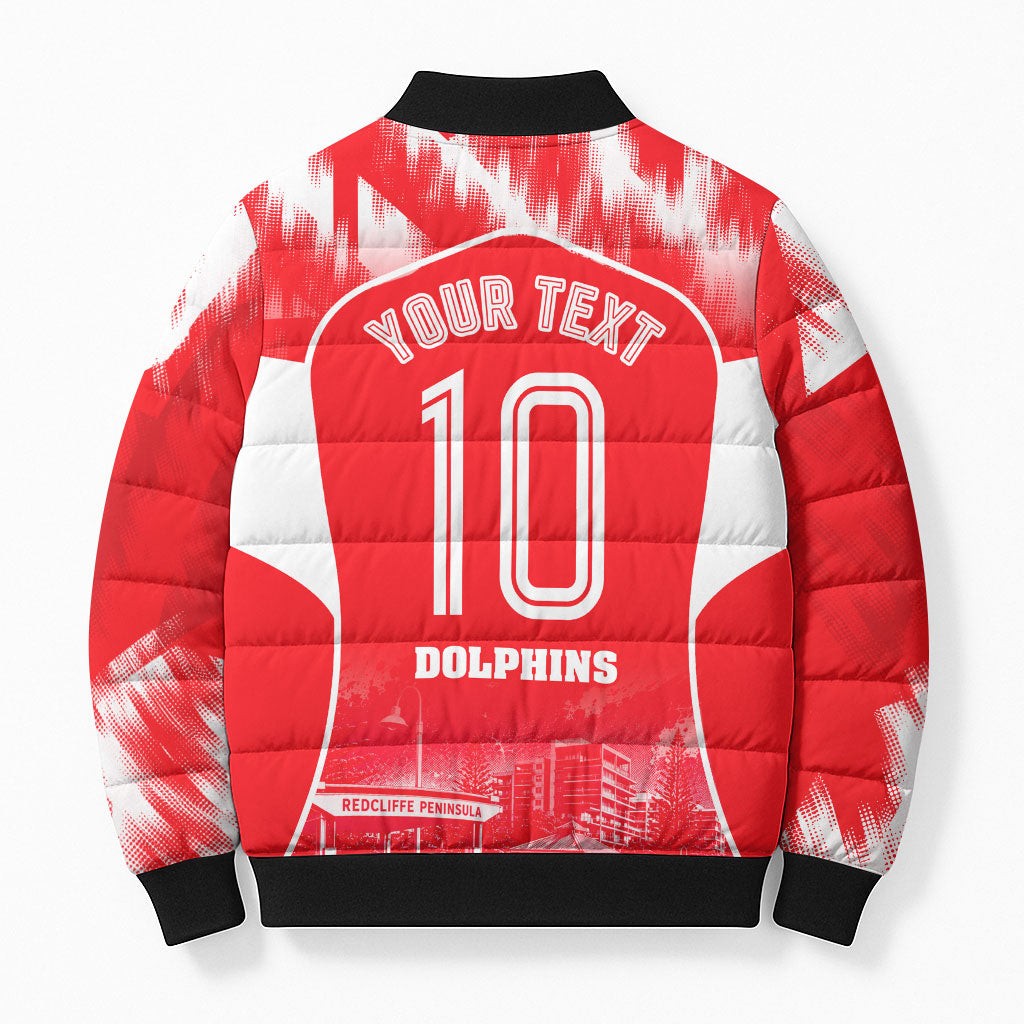Personalised Dolphins Mascot Rugby Bomber Puffer Jacket Redcliffe Peninsula Athletic Graphic Print