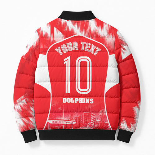 Personalised Dolphins Mascot Rugby Bomber Puffer Jacket Redcliffe Peninsula Athletic Graphic Print