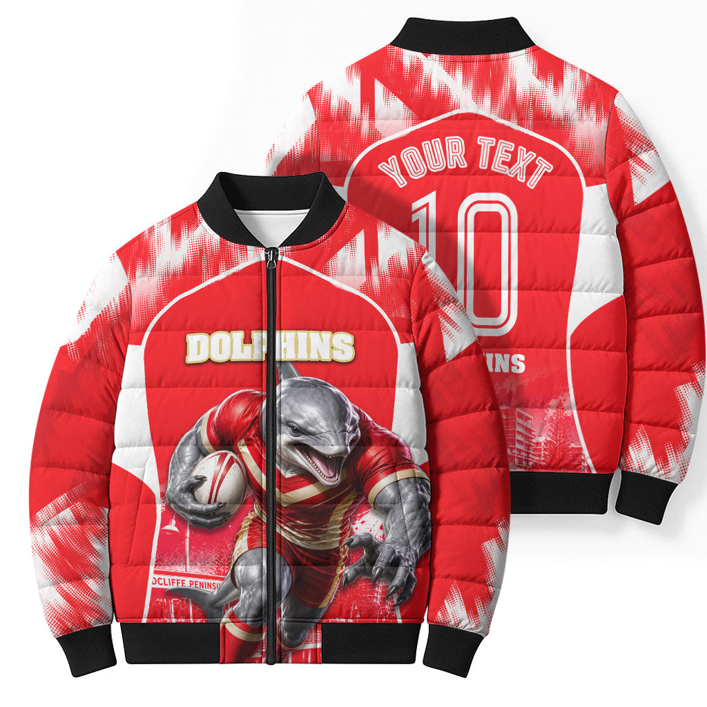 Personalised Dolphins Mascot Rugby Bomber Puffer Jacket Redcliffe Peninsula Athletic Graphic Print