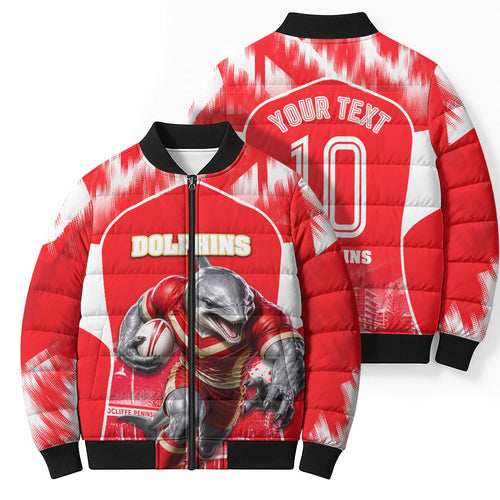 Personalised Dolphins Mascot Rugby Bomber Puffer Jacket Redcliffe Peninsula Athletic Graphic Print