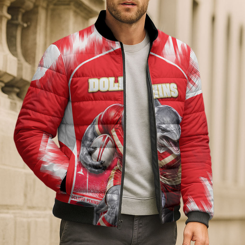 Personalised Dolphins Mascot Rugby Bomber Puffer Jacket Redcliffe Peninsula Athletic Graphic Print