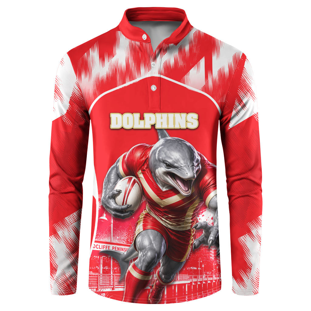 Personalised Dolphins Mascot Rugby Button Sweatshirt Redcliffe Peninsula Athletic Graphic Print