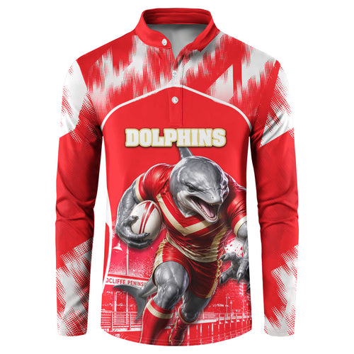 Personalised Dolphins Mascot Rugby Button Sweatshirt Redcliffe Peninsula Athletic Graphic Print