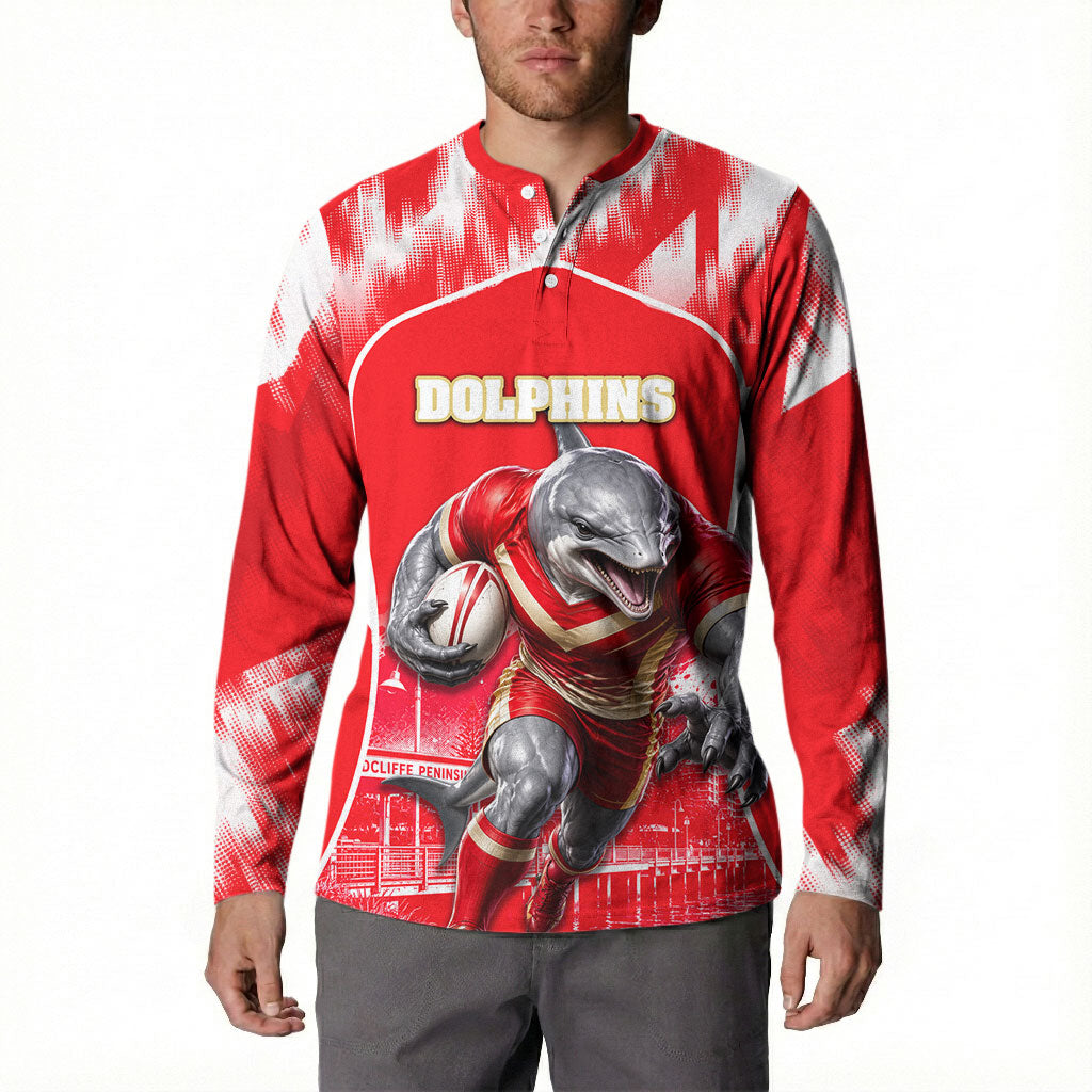 Personalised Dolphins Mascot Rugby Button Sweatshirt Redcliffe Peninsula Athletic Graphic Print