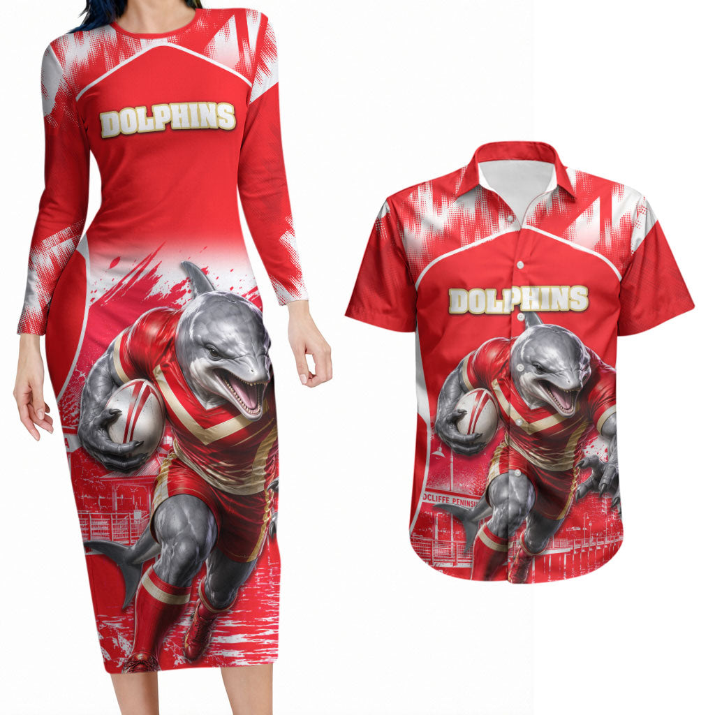 Personalised Dolphins Mascot Rugby Couples Matching Long Sleeve Bodycon Dress and Hawaiian Shirt Redcliffe Peninsula Athletic Graphic Print