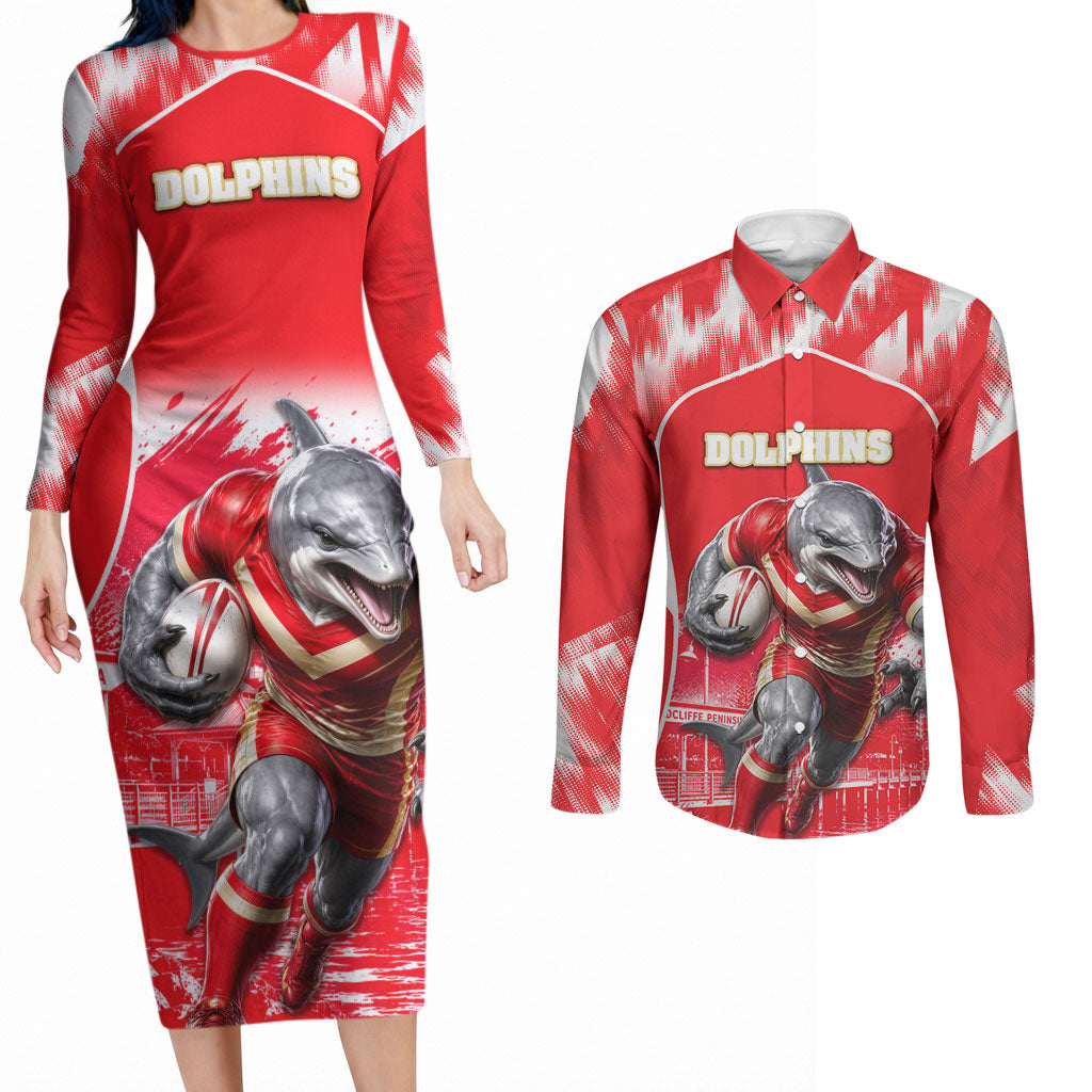 Personalised Dolphins Mascot Rugby Couples Matching Long Sleeve Bodycon Dress and Long Sleeve Button Shirt Redcliffe Peninsula Athletic Graphic Print