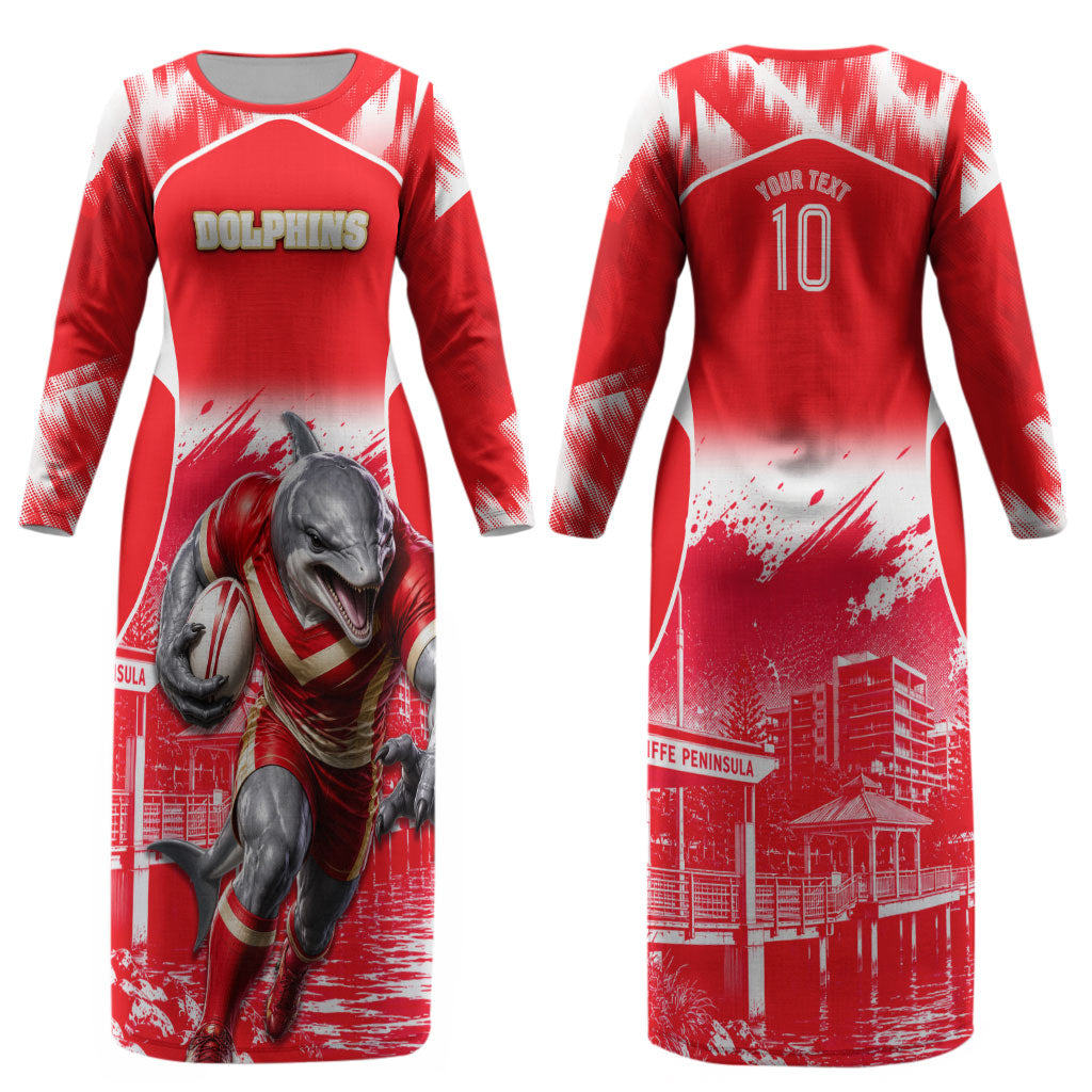 Personalised Dolphins Mascot Rugby Couples Matching Long Sleeve Bodycon Dress and Long Sleeve Button Shirt Redcliffe Peninsula Athletic Graphic Print