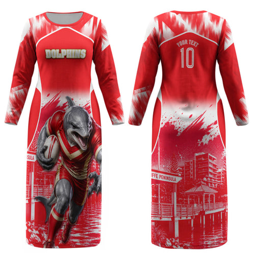 Personalised Dolphins Mascot Rugby Couples Matching Long Sleeve Bodycon Dress and Long Sleeve Button Shirt Redcliffe Peninsula Athletic Graphic Print