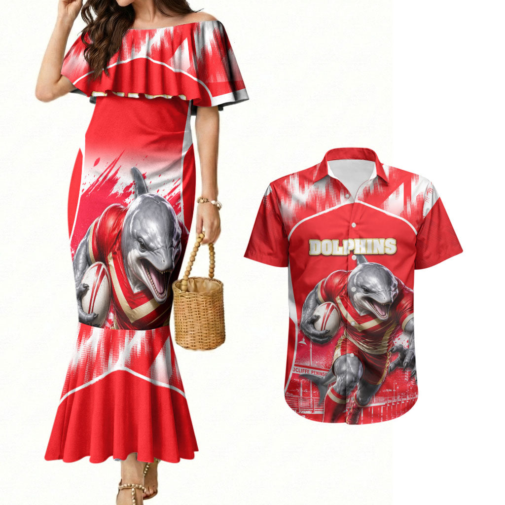 Personalised Dolphins Mascot Rugby Couples Matching Mermaid Dress and Hawaiian Shirt Redcliffe Peninsula Athletic Graphic Print