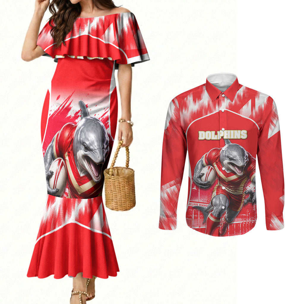 Personalised Dolphins Mascot Rugby Couples Matching Mermaid Dress and Long Sleeve Button Shirt Redcliffe Peninsula Athletic Graphic Print