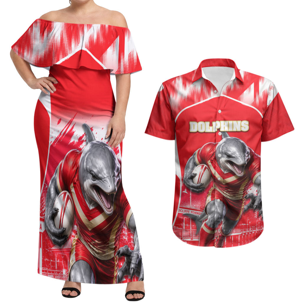 Personalised Dolphins Mascot Rugby Couples Matching Off Shoulder Maxi Dress and Hawaiian Shirt Redcliffe Peninsula Athletic Graphic Print