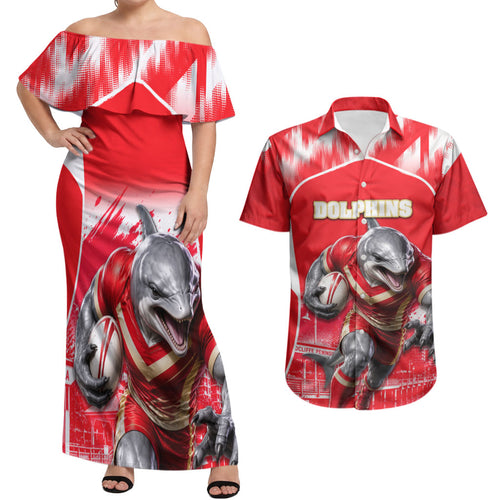 Personalised Dolphins Mascot Rugby Couples Matching Off Shoulder Maxi Dress and Hawaiian Shirt Redcliffe Peninsula Athletic Graphic Print