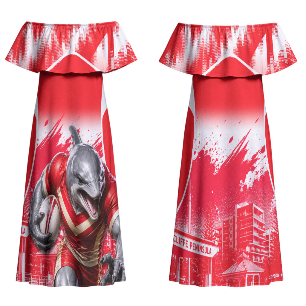 Personalised Dolphins Mascot Rugby Couples Matching Off Shoulder Maxi Dress and Hawaiian Shirt Redcliffe Peninsula Athletic Graphic Print
