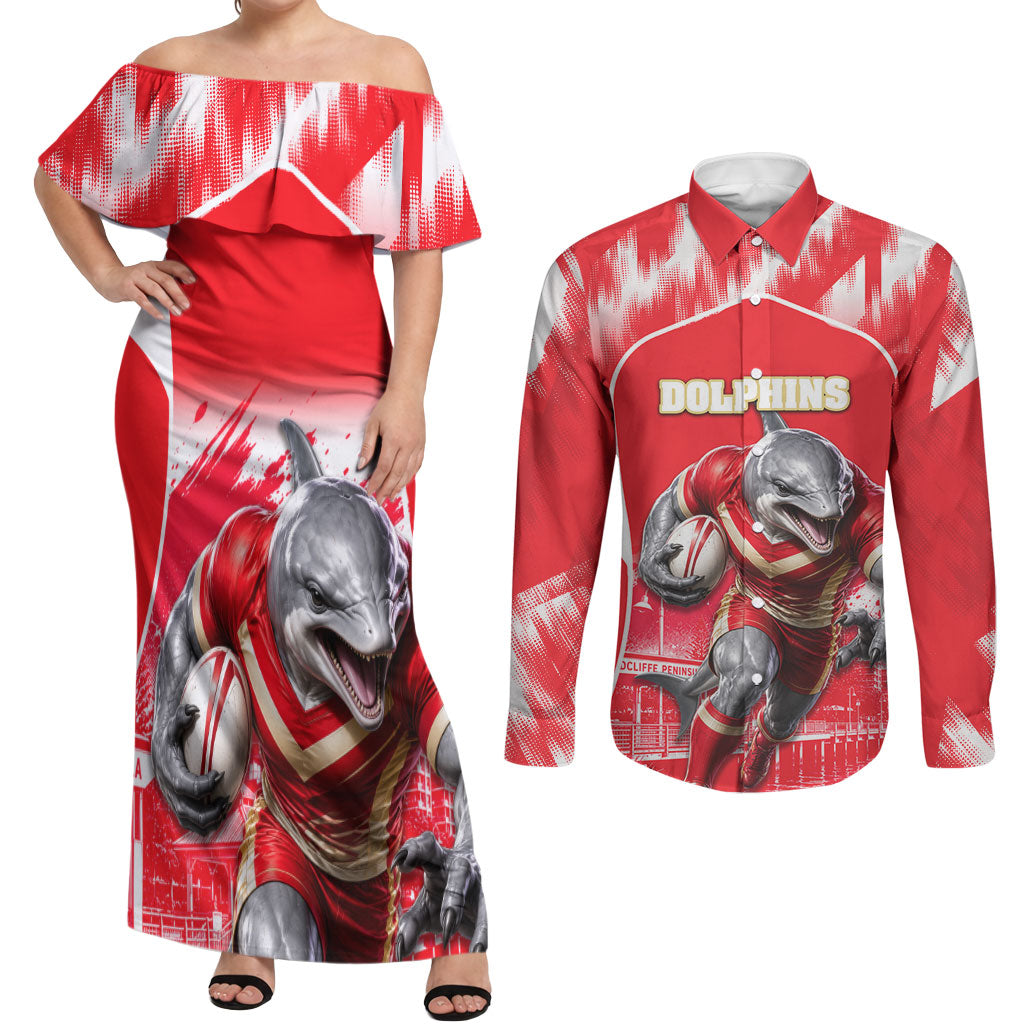 Personalised Dolphins Mascot Rugby Couples Matching Off Shoulder Maxi Dress and Long Sleeve Button Shirt Redcliffe Peninsula Athletic Graphic Print