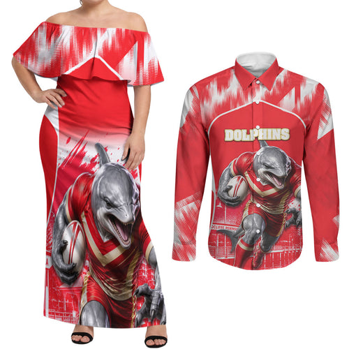 Personalised Dolphins Mascot Rugby Couples Matching Off Shoulder Maxi Dress and Long Sleeve Button Shirt Redcliffe Peninsula Athletic Graphic Print