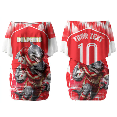 Personalised Dolphins Mascot Rugby Couples Matching Off Shoulder Short Dress and Hawaiian Shirt Redcliffe Peninsula Athletic Graphic Print
