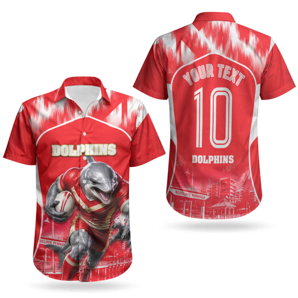 Personalised Dolphins Mascot Rugby Couples Matching Off Shoulder Short Dress and Hawaiian Shirt Redcliffe Peninsula Athletic Graphic Print