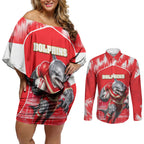 Personalised Dolphins Mascot Rugby Couples Matching Off Shoulder Short Dress and Long Sleeve Button Shirt Redcliffe Peninsula Athletic Graphic Print