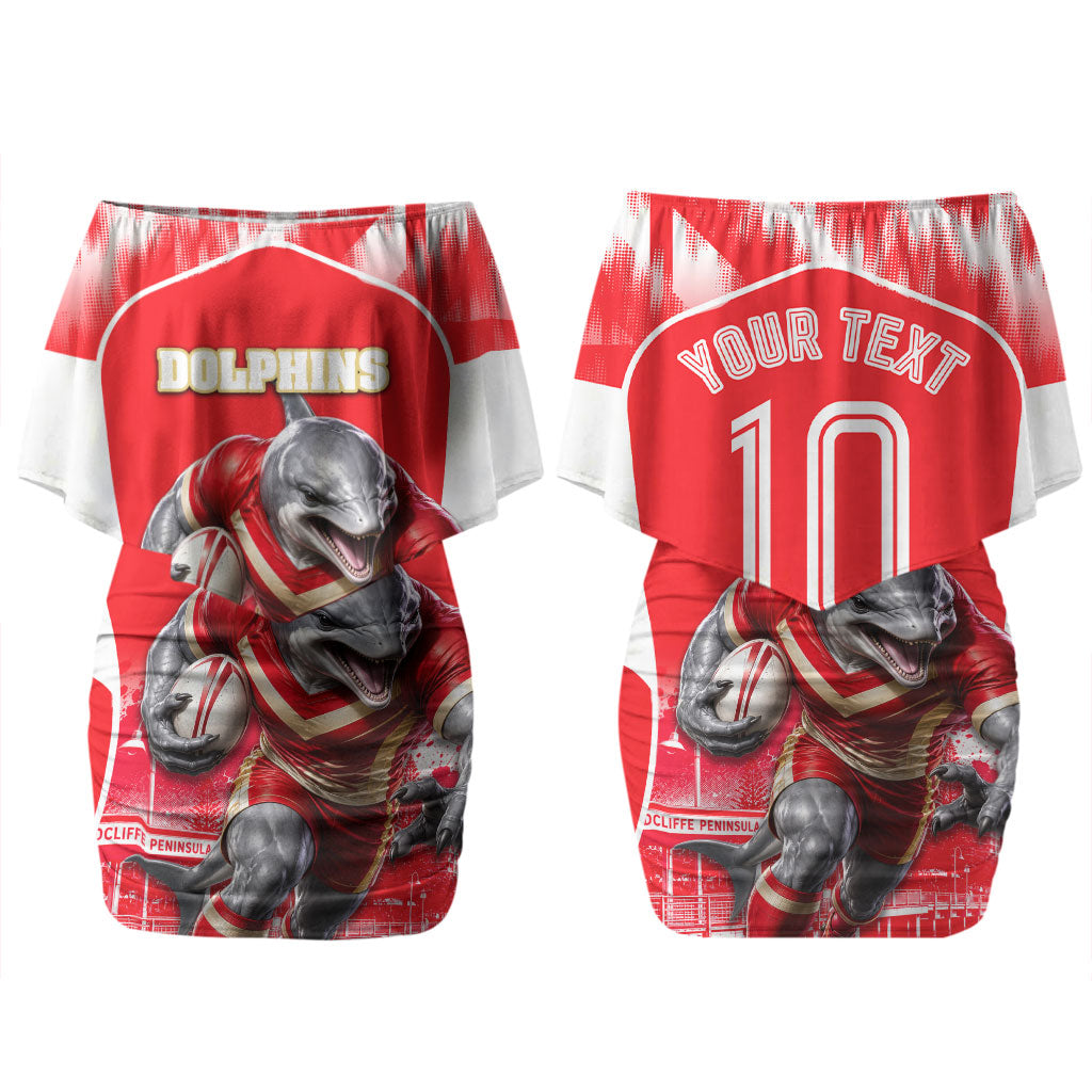 Personalised Dolphins Mascot Rugby Couples Matching Off Shoulder Short Dress and Long Sleeve Button Shirt Redcliffe Peninsula Athletic Graphic Print