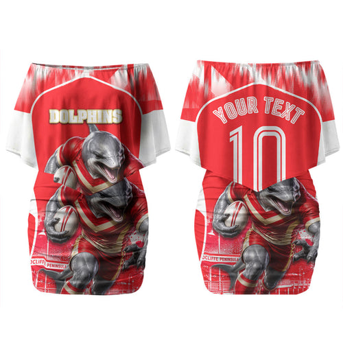 Personalised Dolphins Mascot Rugby Couples Matching Off Shoulder Short Dress and Long Sleeve Button Shirt Redcliffe Peninsula Athletic Graphic Print