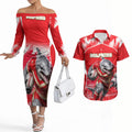 Personalised Dolphins Mascot Rugby Couples Matching Off The Shoulder Long Sleeve Dress and Hawaiian Shirt Redcliffe Peninsula Athletic Graphic Print