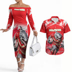 Personalised Dolphins Mascot Rugby Couples Matching Off The Shoulder Long Sleeve Dress and Hawaiian Shirt Redcliffe Peninsula Athletic Graphic Print