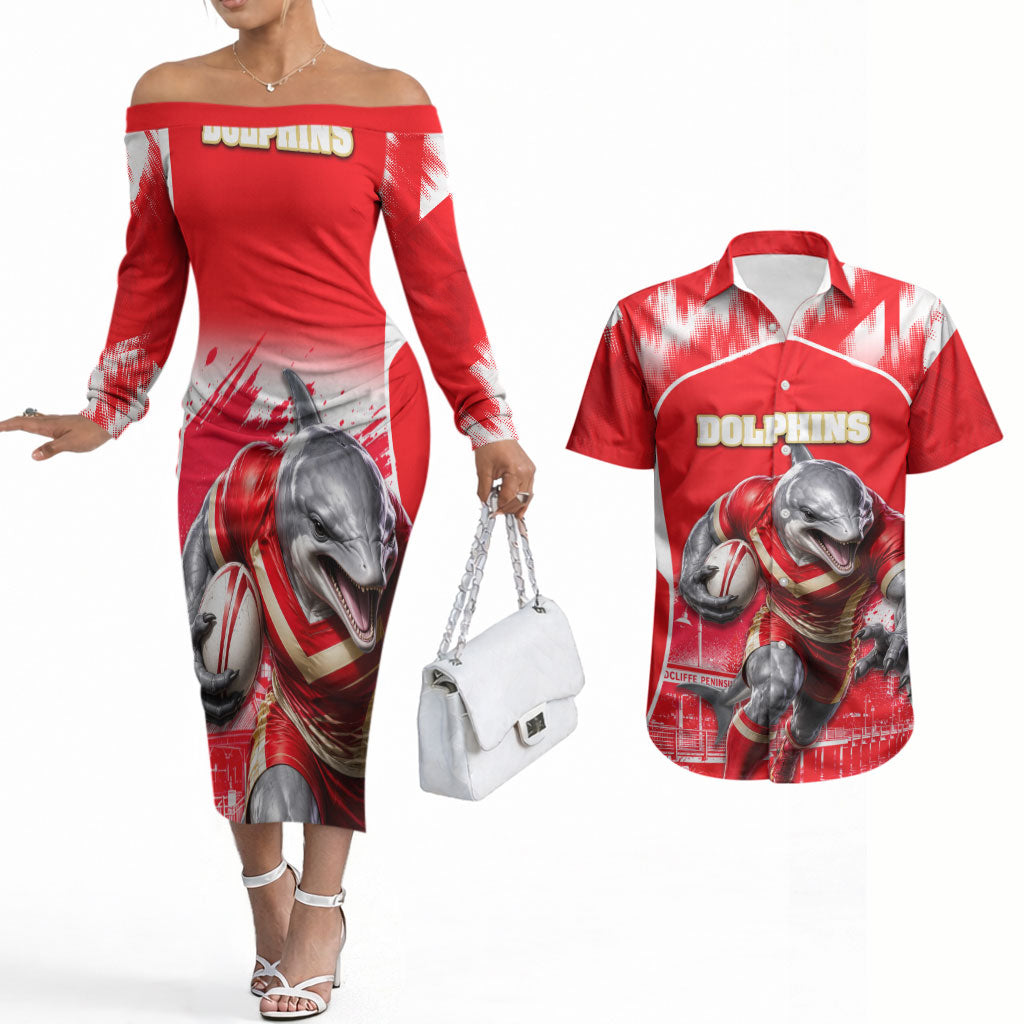 Personalised Dolphins Mascot Rugby Couples Matching Off The Shoulder Long Sleeve Dress and Hawaiian Shirt Redcliffe Peninsula Athletic Graphic Print