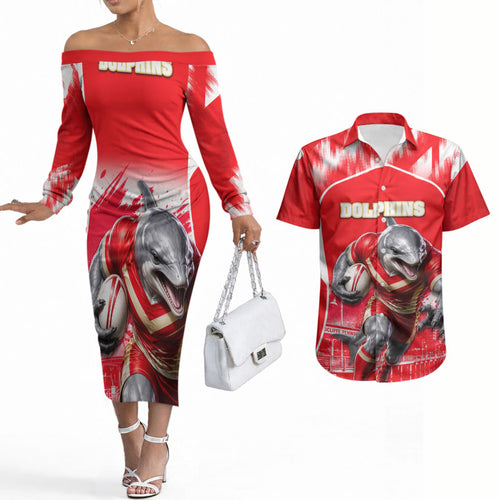 Personalised Dolphins Mascot Rugby Couples Matching Off The Shoulder Long Sleeve Dress and Hawaiian Shirt Redcliffe Peninsula Athletic Graphic Print