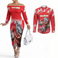 Personalised Dolphins Mascot Rugby Couples Matching Off The Shoulder Long Sleeve Dress and Long Sleeve Button Shirt Redcliffe Peninsula Athletic Graphic Print