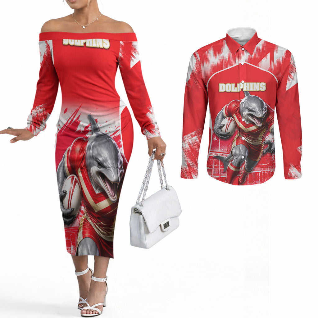 Personalised Dolphins Mascot Rugby Couples Matching Off The Shoulder Long Sleeve Dress and Long Sleeve Button Shirt Redcliffe Peninsula Athletic Graphic Print