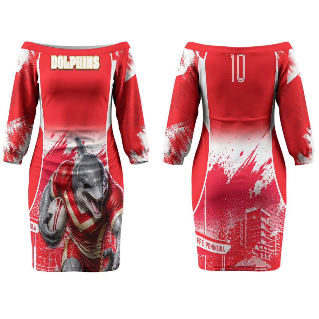 Personalised Dolphins Mascot Rugby Couples Matching Off The Shoulder Long Sleeve Dress and Long Sleeve Button Shirt Redcliffe Peninsula Athletic Graphic Print
