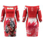 Personalised Dolphins Mascot Rugby Couples Matching Off The Shoulder Long Sleeve Dress and Long Sleeve Button Shirt Redcliffe Peninsula Athletic Graphic Print