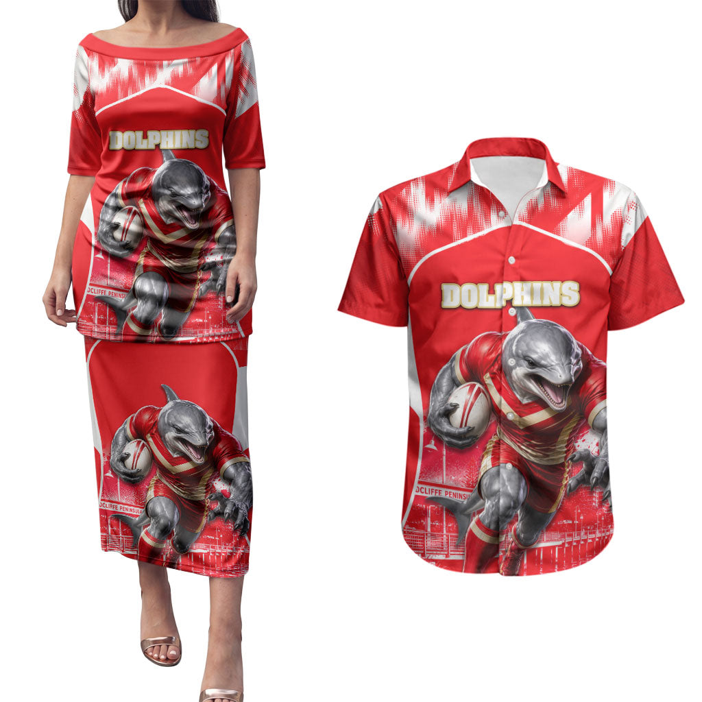 Personalised Dolphins Mascot Rugby Couples Matching Puletasi and Hawaiian Shirt Redcliffe Peninsula Athletic Graphic Print