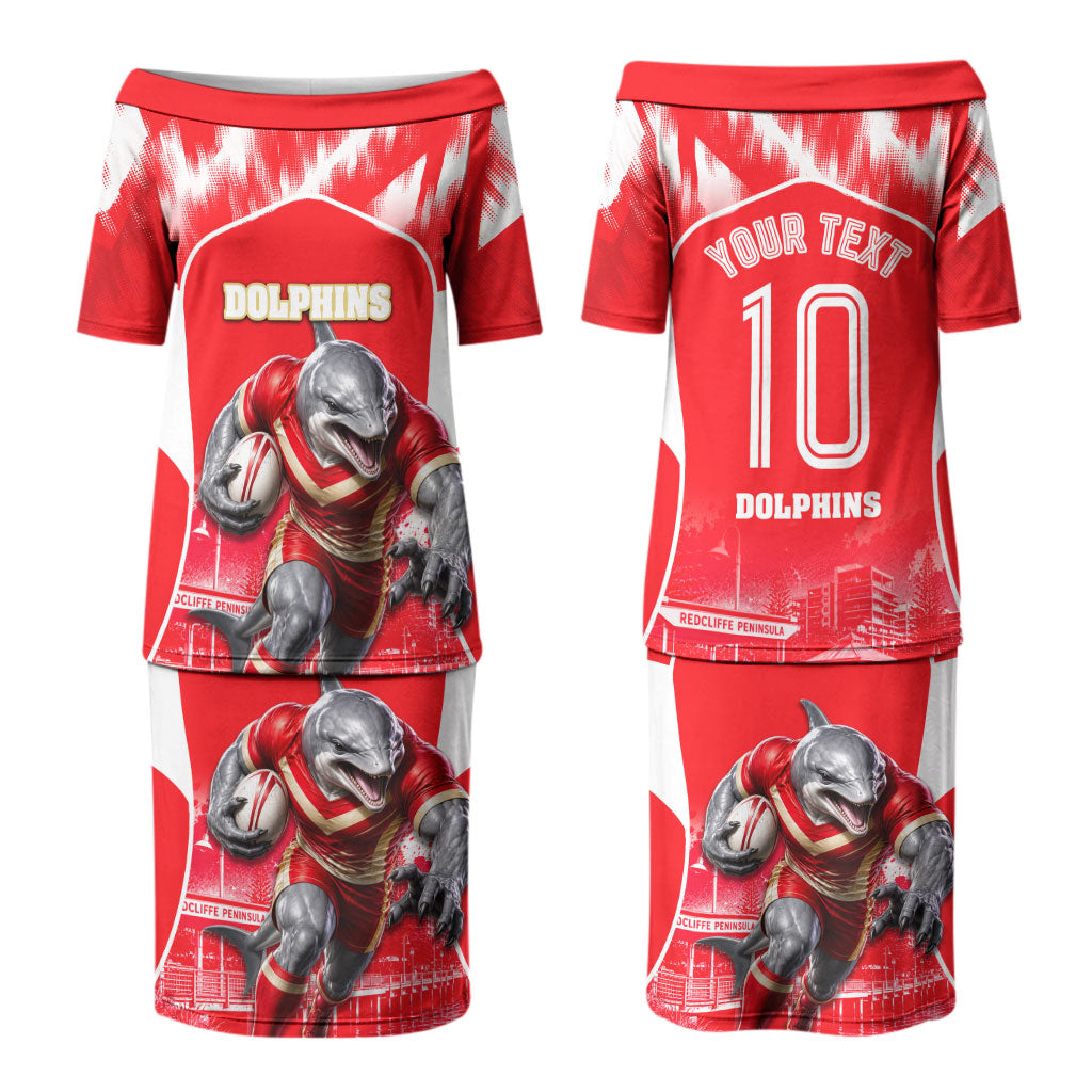 Personalised Dolphins Mascot Rugby Couples Matching Puletasi and Hawaiian Shirt Redcliffe Peninsula Athletic Graphic Print