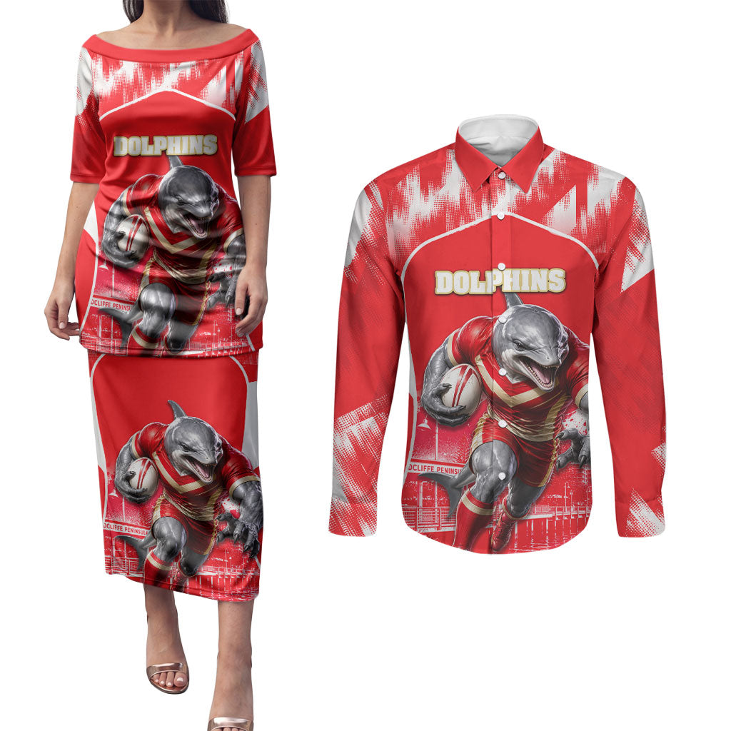 Personalised Dolphins Mascot Rugby Couples Matching Puletasi and Long Sleeve Button Shirt Redcliffe Peninsula Athletic Graphic Print