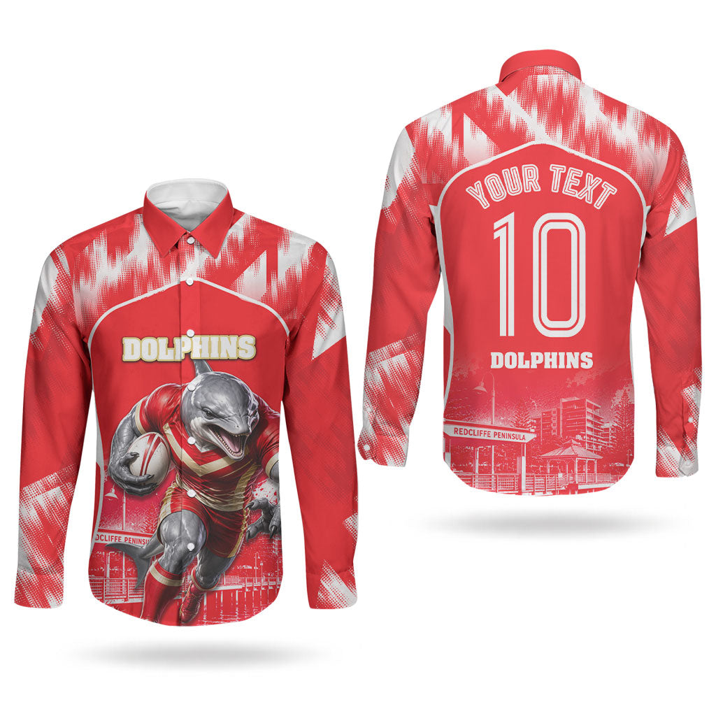 Personalised Dolphins Mascot Rugby Couples Matching Puletasi and Long Sleeve Button Shirt Redcliffe Peninsula Athletic Graphic Print