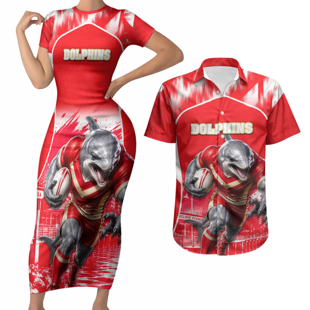 Personalised Dolphins Mascot Rugby Couples Matching Short Sleeve Bodycon Dress and Hawaiian Shirt Redcliffe Peninsula Athletic Graphic Print